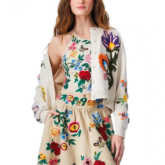 Alice + Olivia Lelia Floral Embroidered Cardigan Sweater Top - Picture 7 of 16